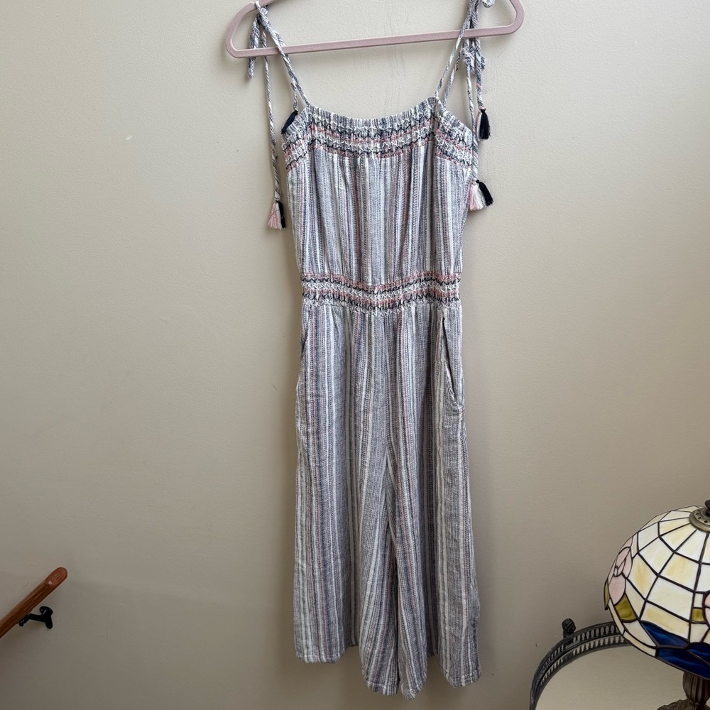 STORIA gauzy striped smocked cropped wide leg Jumpsuit Size Small